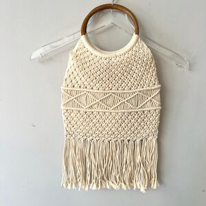 Cream Macrame Bamboo Handle Fringe Purse